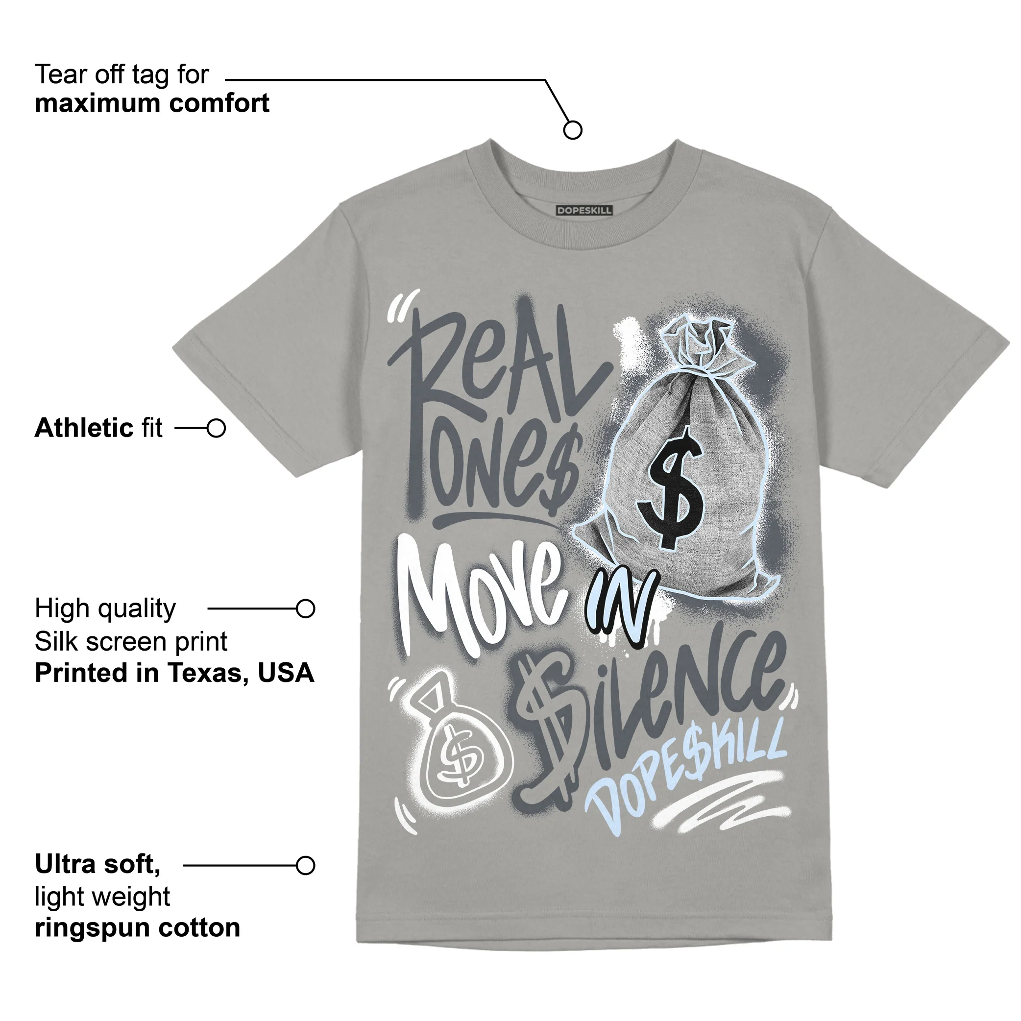 AJ 11 Cool Grey DopeSkill Grey T-shirt Real Ones Move In Silence Graphic - Image 3