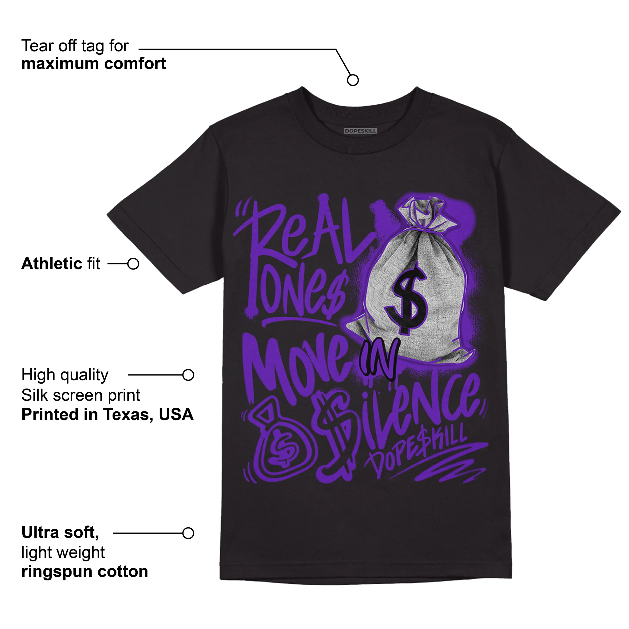 AJ 13 Court Purple DopeSkill T-Shirt Real Ones Move In Silence Graphic - Image 3