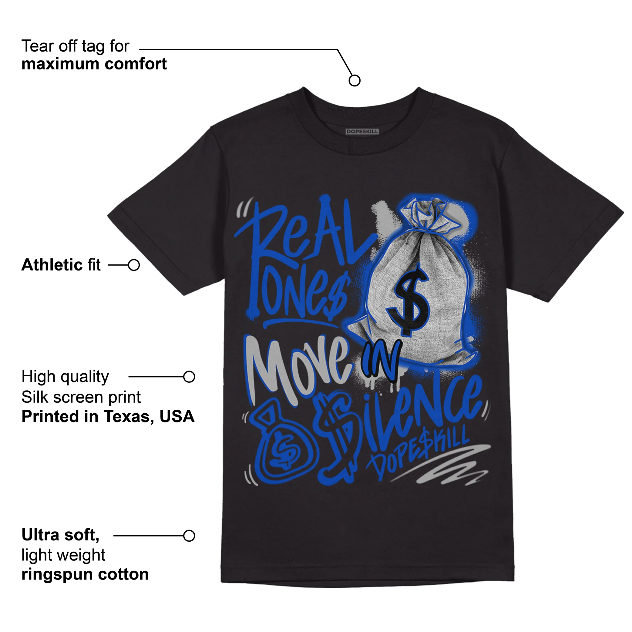 AJ 5 Racer Blue DopeSkill T-Shirt Real Ones Move In Silence Graphic - Image 3