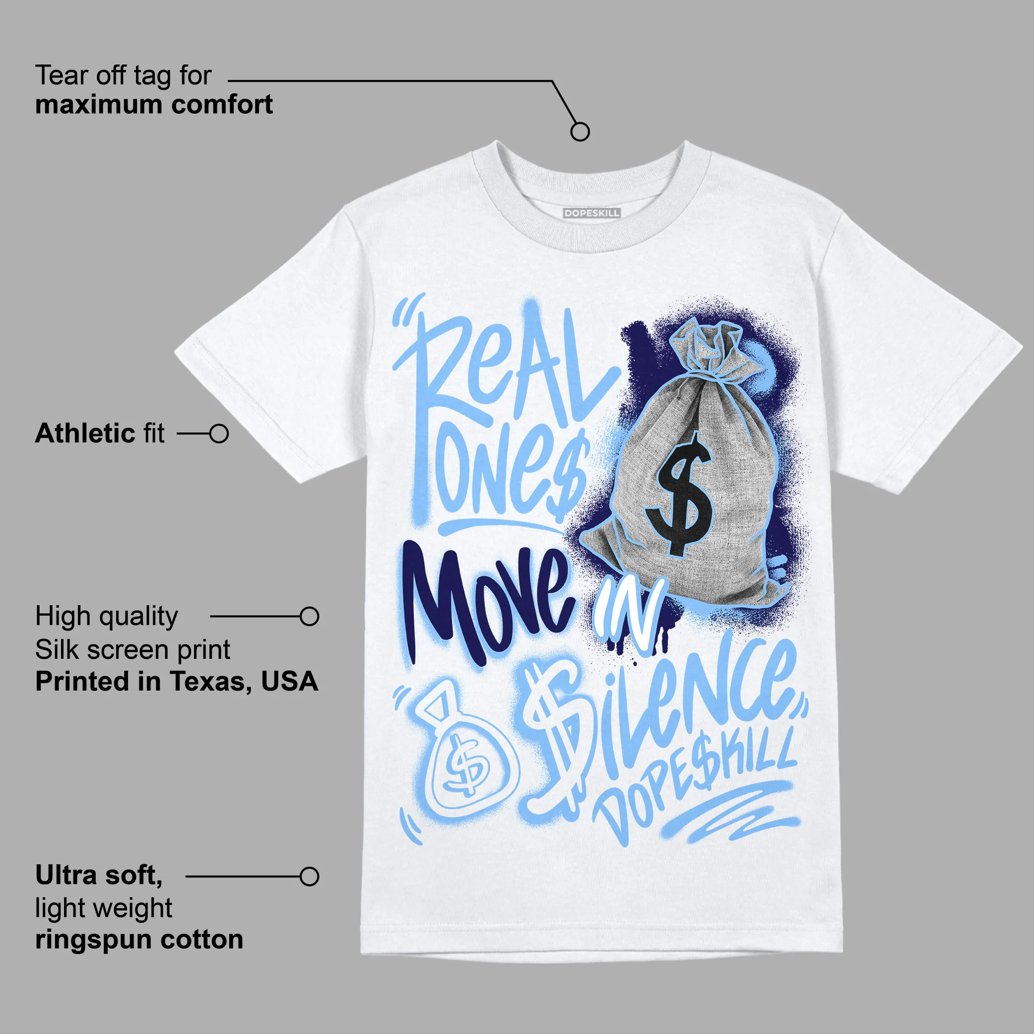 AJ 6 University Blue DopeSkill T-Shirt Real Ones Move In Silence Graphic - Image 3